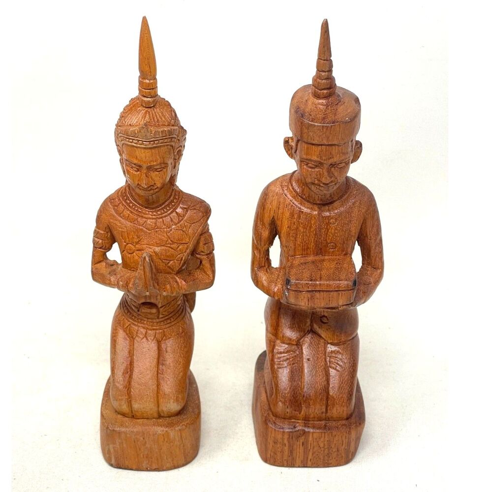 Vintage MCM Hand-carved Wooden Statues Thai Sawasdee Couple Theppanom Namaste
